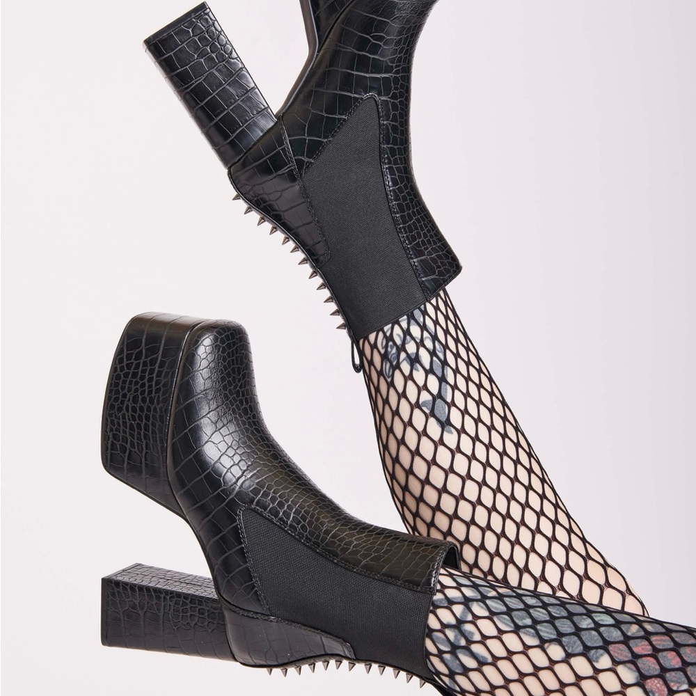 Midnight Hour Spine Chiller Platform Boots Black Croc-Embossed